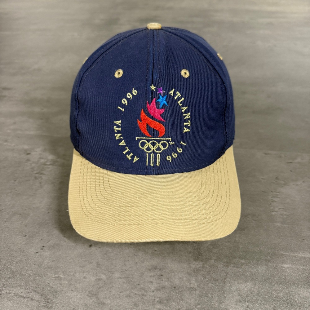 Vintage 1996 Atlanta Olympics Logo 7 Snapback Hat‎ Navy Blue Tan Two Tone Hat
